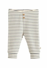Striped baby leggings in off-white and navy, featuring two wooden buttons at the waist and ribbed cuffs at the ankles. Soft fabric texture.