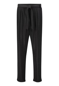 Zwarte broek met een gestructureerde, glanzende afwerking. Beschikt over een verstelbare tailleband met een gestrikt riempje en taps toelopende benen.