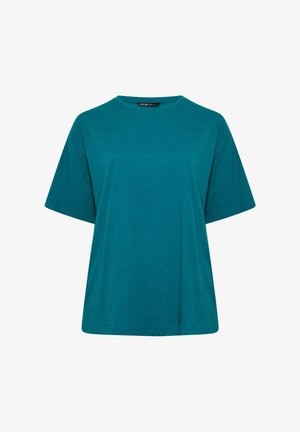 Türkisfarbenes, kurzärmliges, locker sitzendes Baumwoll-T-Shirt mit Rundhalsausschnitt und kleinem schwarzem Etikett am Ausschnitt.