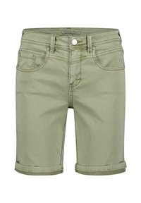 Oliven grøn denimshorts med en opfoldet kant, fem lommer og kontraststing. Foran knaplukning og bæltestropper inkluderet.