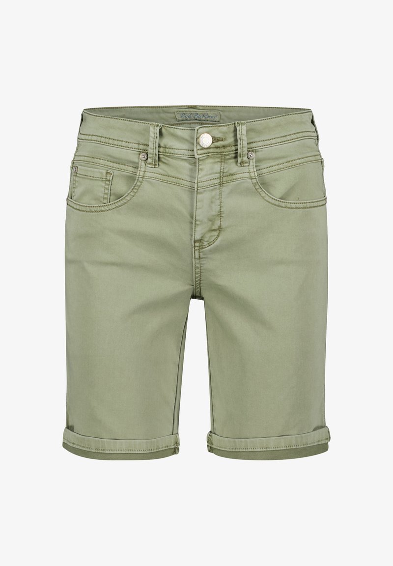 Oliven grøn denimshorts med en opfoldet kant, fem lommer og kontraststing. Foran knaplukning og bæltestropper inkluderet.