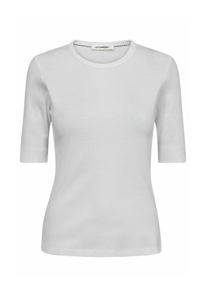 Biała koszulka z krótkim rękawem z miękkiej bawełny, z okrągłym dekoltem, charakteryzująca się gładką teksturą i minimalistycznym wzornictwem, metka widoczna wewnątrz dekoltu.