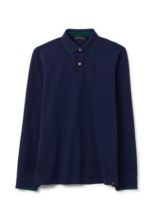 Navy long-sleeve polo shirt with a green collar, featuring two front buttons and side slits. Made of a smooth fabric with a classic fit.