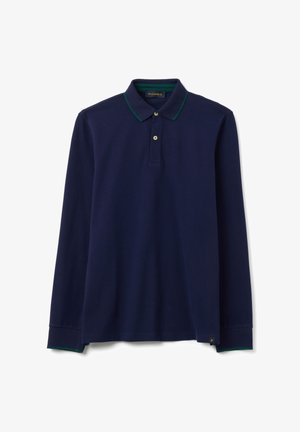 Polo a maniche lunghe blu navy con colletto verde, dotato di due bottoni frontali e spacchi laterali. Realizzato in un tessuto liscio con una vestibilità classica.