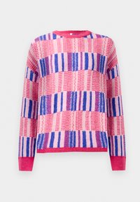Crew neck knit sweater with pink, purple, and blue horizontal and vertical woven stripe patterns, long sleeves, and ribbed cuffs and hem.