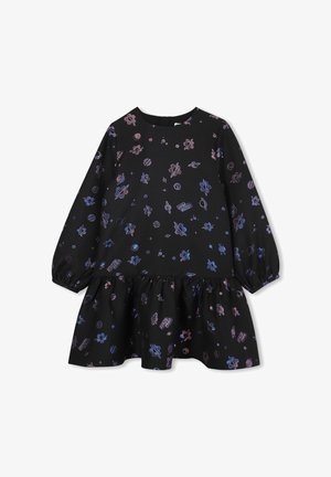 Schwarzes Kleid mit langen Ärmeln und gerafftem Rock. Verfügt über bunte, verspielte Muster von Planeten und Blumen in lila und rosa Tönen.
