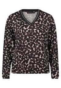 Dlouhý rukáv, top s výstřihem do V, s leopardím potiskem v hnědých, černých a béžových tónech, s texturovanou tkaninou a kontrastním černým výstřihem.