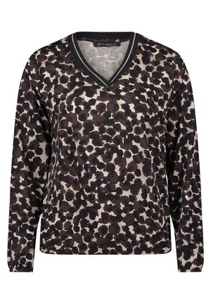 Top a maniche lunghe con scollatura a V, caratterizzato da una fantasia leopardata in toni di marrone, nero e beige, con un tessuto testurizzato e un collo a contrasto nero.