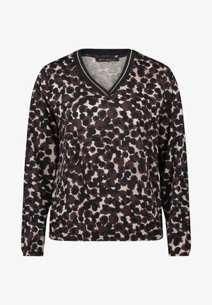Langärmliges V-Ausschnitt-Oberteil mit einem Leopardenmuster in Brauntönen, Schwarz und Beige, aus strukturiertem Stoff und mit einem kontrastierenden schwarzen Ausschnitt.