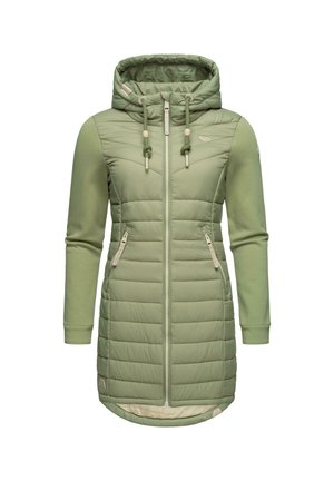 Light green insulated jacket with a hood, zip front, and long sleeves. Features quilted texture, two side pockets, and drawstring details.