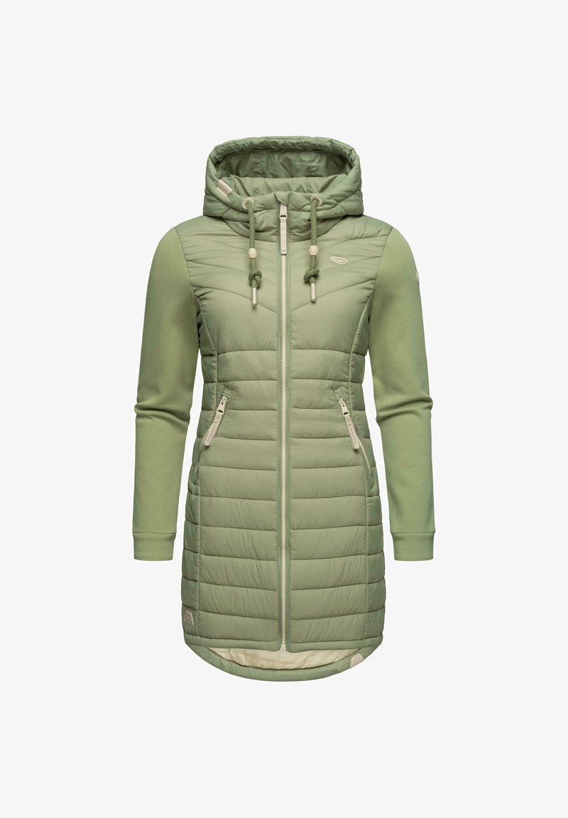 Hellgrüne, isolierte Jacke mit Kapuze, Reißverschluss vorne und langen Ärmeln. Merkmale sind strukturiertes Steppmuster, zwei Seitentaschen und Kordelzugdetails.