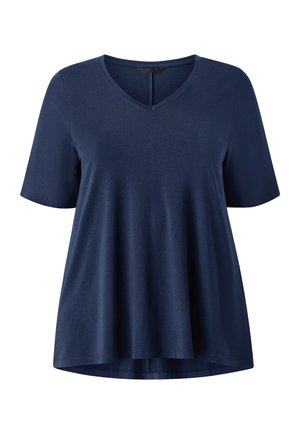 Marineblå T-shirt med kort ærme og V-hals, afslappet pasform og let udvidet kant, vist mod en hvid baggrund.