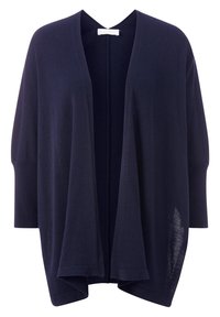 Tmavě modrý kardigan z měkké látky s výstřihem do V, otevřeným předním dílem a krátkými rukávy, s volným přirozeným střihem a postranními rozparky.