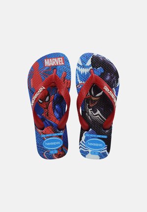 Børne-flipflops med røde stropper med Marvels Spider-Man på venstre og Venom på højre, størrelse 31/32 EUR.