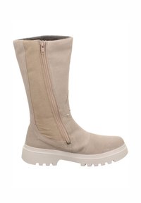 Beige Wildleder Stiefelette mit seitlichem Reißverschluss, texturiertem Einsatz und fester Gummisohle. Verziert mit dekorativen Nieten in der Nähe des Reißverschlusses.