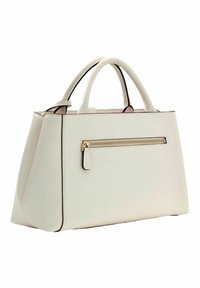 Borsa a mano in pelle bianca con design strutturato, doppi manici superiori e tasca frontale con cerniera. Presenta dettagli in metallo color oro.