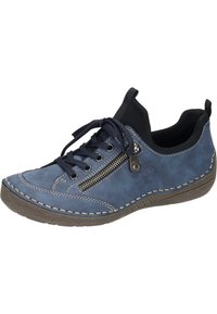 Navy blue leather shoe featuring a lace-up design, visible zipper detail, and beige stitching on a textured gray sole.