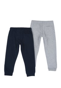 Två par byxor: ett par marinblå och ett par ljusgrå. Båda har en mjuk textur, elastiska midjeband och bakfickor.