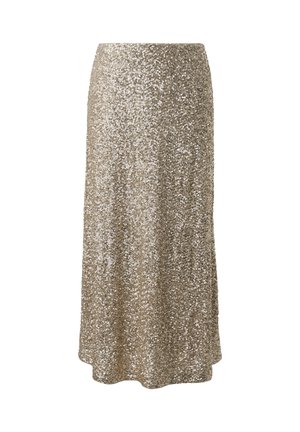Goldene Pailletten-Midi-Rock mit gerader Silhouette und leichtem Schwung am Saum, entworfen für festliche Anlässe oder Abendmode.