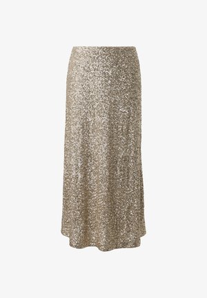 Gold sequin midi skirt with a straight silhouette and slight flare at the hem, designed for festive or evening wear.