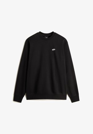 Black sweatshirt made of cotton, featuring a crew neck, long sleeves, and a small logo in white on the chest. Smooth texture.