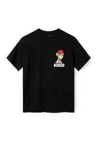 T-shirt en coton noir présentant un graphique d'un singe portant des lunettes de soleil et une casquette rouge avec le mot "BORED" inscrit en dessous. Manches courtes, coupe classique.