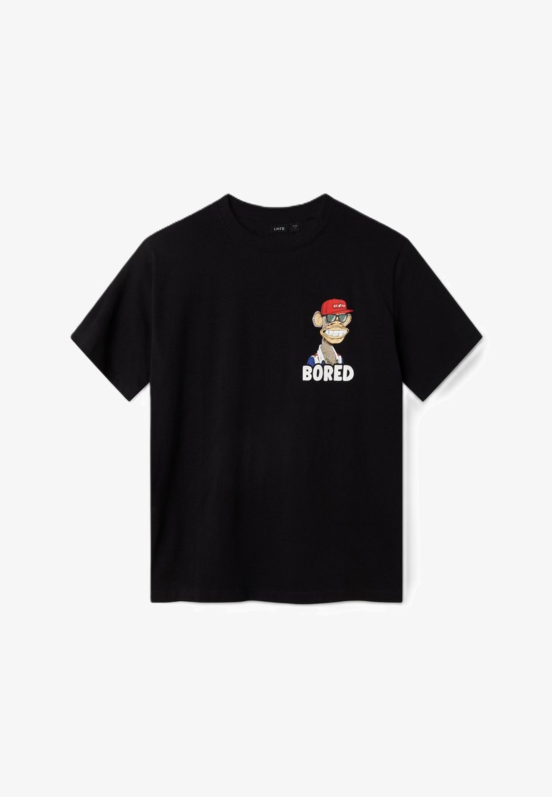 T-shirt en coton noir présentant un graphique d'un singe portant des lunettes de soleil et une casquette rouge avec le mot "BORED" inscrit en dessous. Manches courtes, coupe classique.