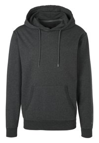 Dark gray hoodie featuring a drawstring hood, front kangaroo pocket, ribbed cuffs, and hem. Material appears soft with a smooth texture.