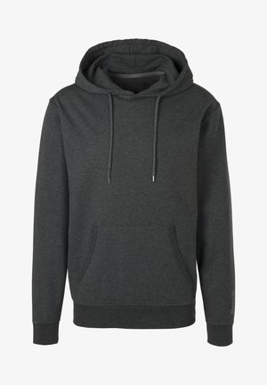 Dark gray hoodie featuring a drawstring hood, front kangaroo pocket, ribbed cuffs, and hem. Material appears soft with a smooth texture.