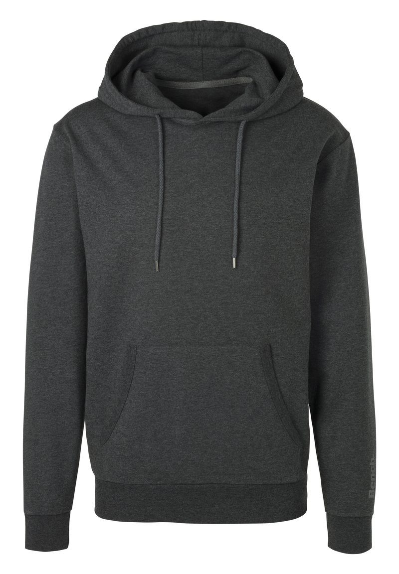 Dark gray hoodie featuring a drawstring hood, front kangaroo pocket, ribbed cuffs, and hem. Material appears soft with a smooth texture.
