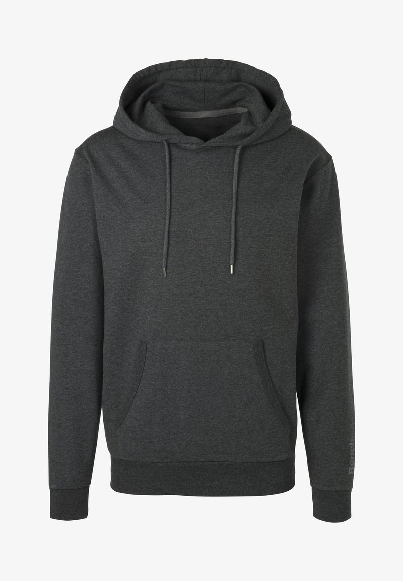 Dark gray hoodie featuring a drawstring hood, front kangaroo pocket, ribbed cuffs, and hem. Material appears soft with a smooth texture.
