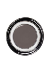 Ombretto cremoso grigio in un barattolo rotondo argentato con bordo nero e cerchio interno bianco, caratterizzato da una texture liscia e opaca.