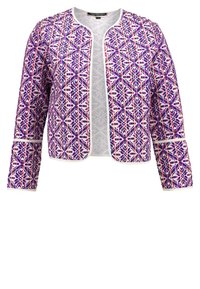 Veste femme ouverte devant avec manches longues, bordure blanche et motif géométrique aux tons violet, rose et blanc.