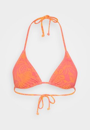 Trójkątny stanik bikini w intensywnych odcieniach różu i pomarańczu z kwiatowymi wzorami. Zawiązywany na szyi i plecach z możliwością regulacji sznurków. Miękka struktura.