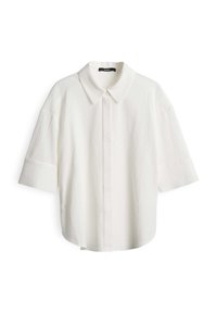 Camicia bianca a maniche corte con colletto. Tessuto strutturato con un delicato design arricciato e vestibilità rilassata. Chiusura frontale con bottoni.