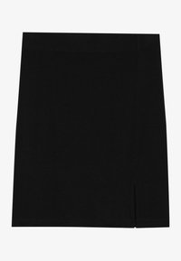 Jupe droite noire avec une petite fente à l’avant du côté droit, présentée à plat sur fond blanc.