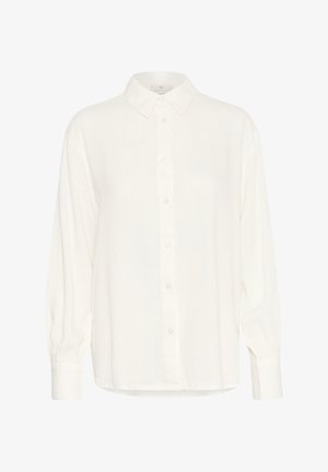 Chemise blanche à boutons avec un col classique, des manches longues et des poignets à boutons ; fabriquée dans un tissu léger avec une finition légèrement texturée.