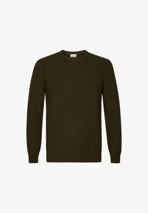 Suéter de punto de canalé en verde oscuro, con mangas largas y cuello redondo, que presenta una textura suave y un corte regular.