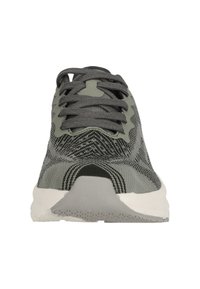 Sportliche Sneakers aus grauem Strick mit strukturierten Mustern, grauen Schnürsenkeln und einer weißen Zwischensohle. Sie haben eine abgerundete Zehenpartie und eine strukturierte Außensohle.