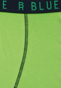 Zeleni bombažni moški spodnje hlače s temno modrim pasom, na katerem je napis "R BLUE" v zeleni barvi. Vidno je šivanje na strani.