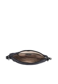 Borsa a pochette nera con zip, dal design semplice e con esterno liscio, fodera beige e tracolla rimovibile. Tasca interna visibile.