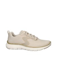 Scarpa atletica beige con tomaia in mesh, punta arrotondata e suola in gomma. Le caratteristiche includono dettagli testurizzati e un midsole ammortizzato.