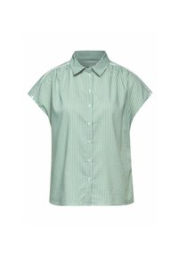 Chemise à manches courtes à rayures vertes avec col, présentant un tissu texturé subtil et un détail élastique aux épaules.
