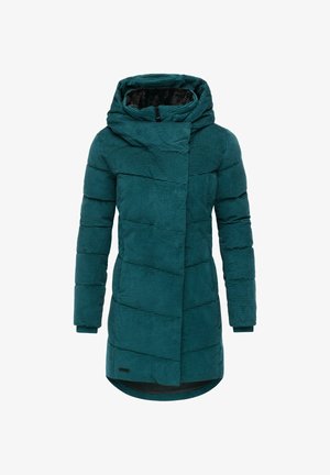 Teal puffjakke med en tekstureret overflade, der har hætte, lynlås lukning og skrå sømdetaljer. Lange ærmer med manchetter.