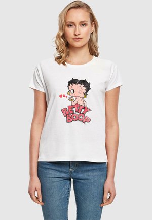 White t-shirt featuring a colorful graphic of Betty Boop with hearts and the text "BETTY BOOP" in red, with a relaxed fit design.