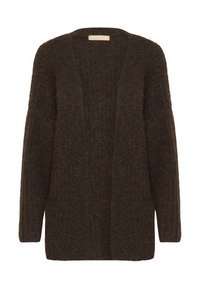 Brown knitted cardigan with a loose fit, open front, and long sleeves, featuring a textured, soft fabric and no fastenings.