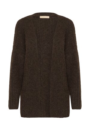 Brown knitted cardigan with a loose fit, open front, and long sleeves, featuring a textured, soft fabric and no fastenings.