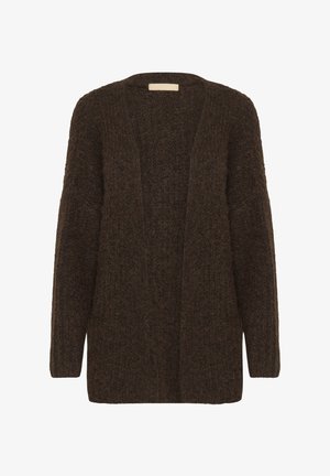 Rjav pleteni kardigan s ohlapnim krojem, odprtim sprednjim delom in dolgimi rokavi, ki se ponaša z mehko teksturo in brez zaponk.