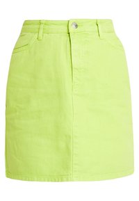 Gonna di jeans verde lime con taglio dritto, dotata di chiusura frontale con bottoni, due tasche laterali e dettagli di cucitura minimal.