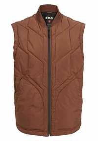 Brown padded vest with a zip front, quilted pattern, and ribbed collar. Features pronounced stitching and side pockets for added detail.